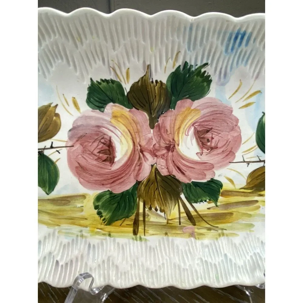 Vintage Italy Rose Painted Tray Ceramic Serving Dish Oblong Textured Cottagecore